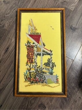 Vintage Crewel Twenty Brook Lane embroidery glass framed wall hanging